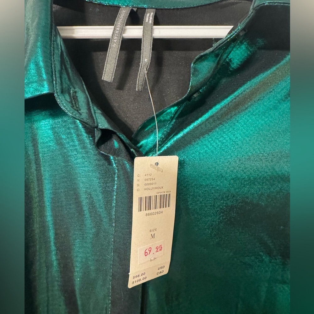 NWT Anthropologie Shiny Green Blouse, Medium - Picture 4 of 5